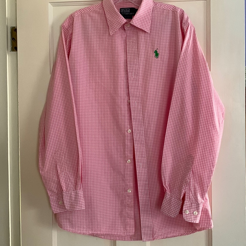 Men’s pink/white check Polo dress shirt. Custom fit. Size L.